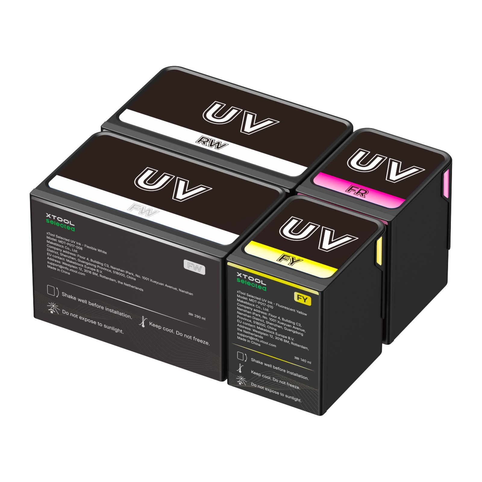 xTool Selected Advanced UV Ink Kit (fluorescerende + fleksibel/hård hvid) 1 xTool Selected Advanced UV Ink Kit